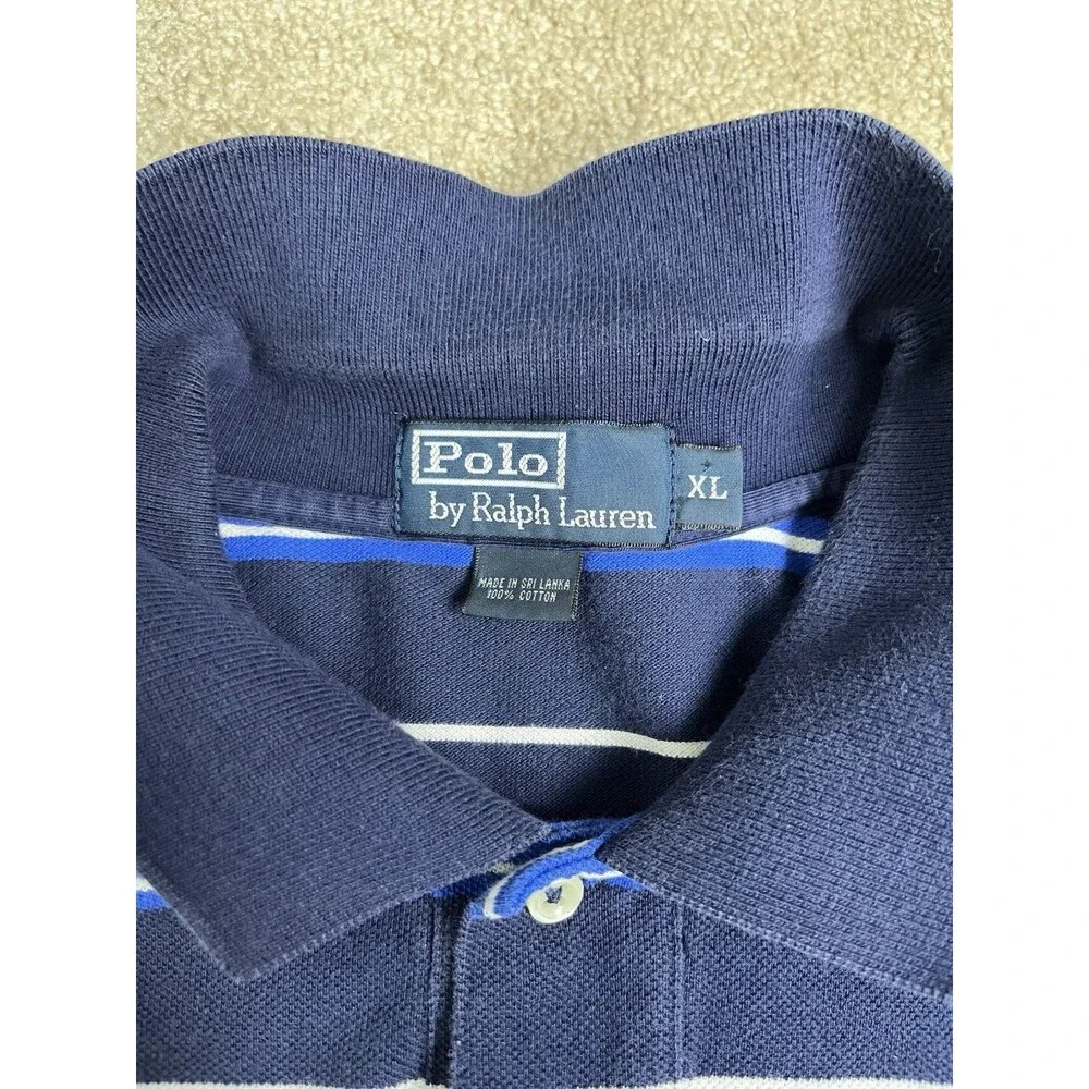 VTG 90s Y2K Polo Ralph Lauren Men's XL Polo Shirt Navy Blue Striped Short Sleeve